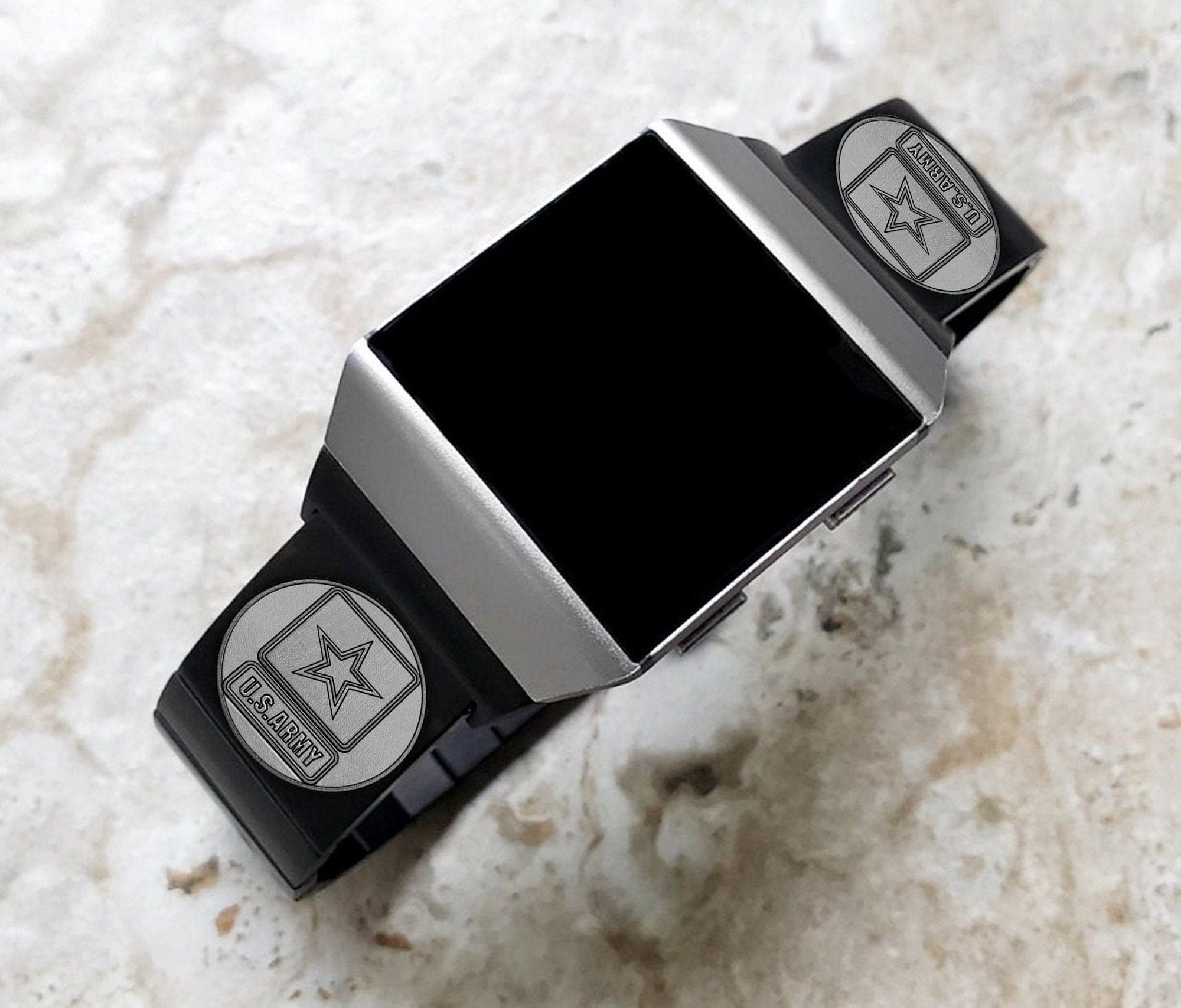 US Army Engraved Watch Band Compatible with Fitbit Ionic Smartwatches Black Color Stainless Steel Bracelet Strap Quick Release Adapters US1